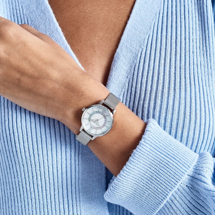 Olivia Burton Wonderland 30mm Weiß und Silber Mesh Uhr