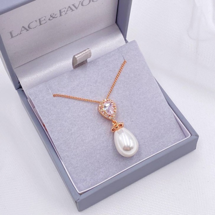 Paloma Teardrop Pearl Pendant Necklace (Rose Gold)