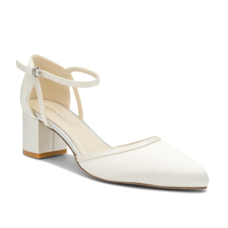 Paradox London Aviana Dyeable Ivory Satin Low Block Heel Ankle Strap Court Shoes