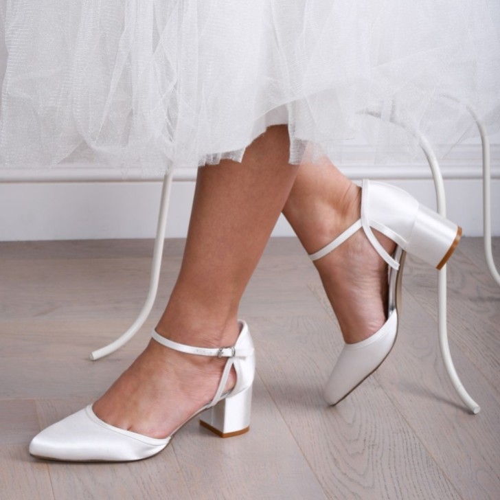 Paradox London Aviana Dyeable Ivory Satin Low Block Heel Ankle Strap Court Shoes