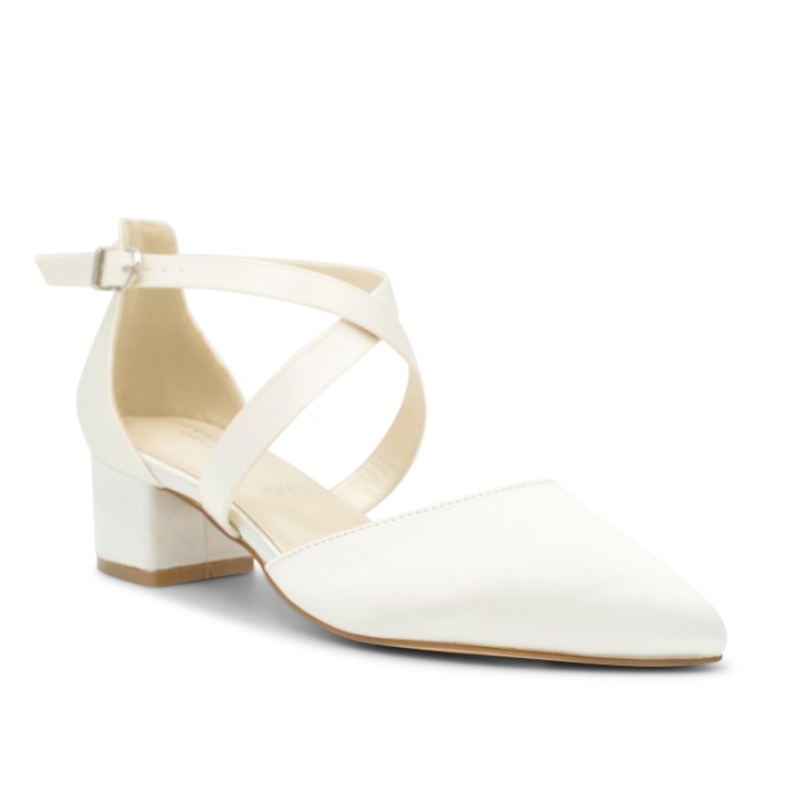 Paradox London Blanche Dyeable Ivory Satin Wide Fit Cross Strap Low Block Heels