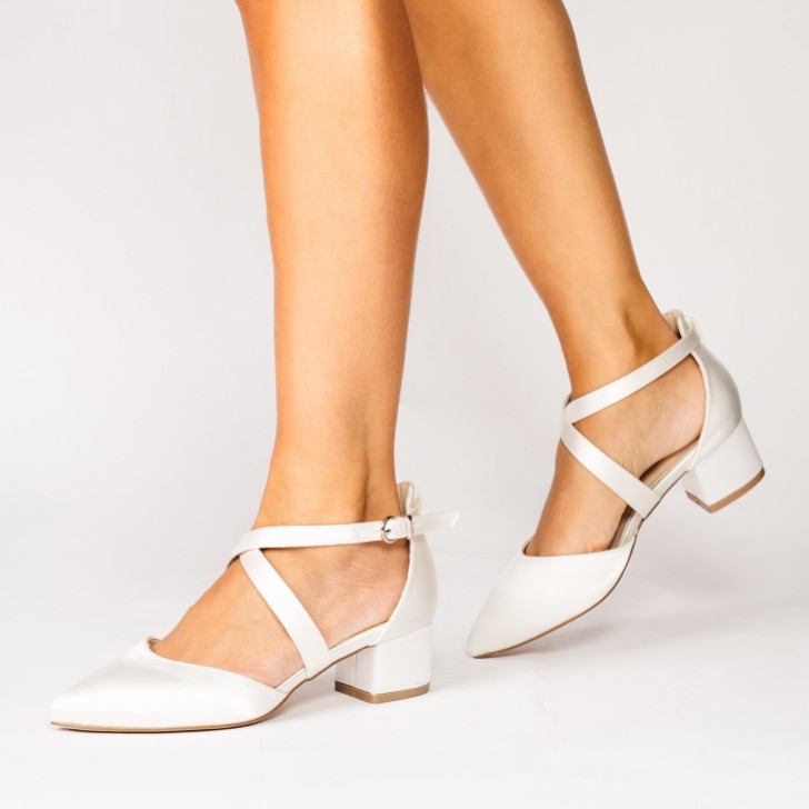 Paradox London Blanche Dyeable Ivory Satin Wide Fit Cross Strap Low Block Heels