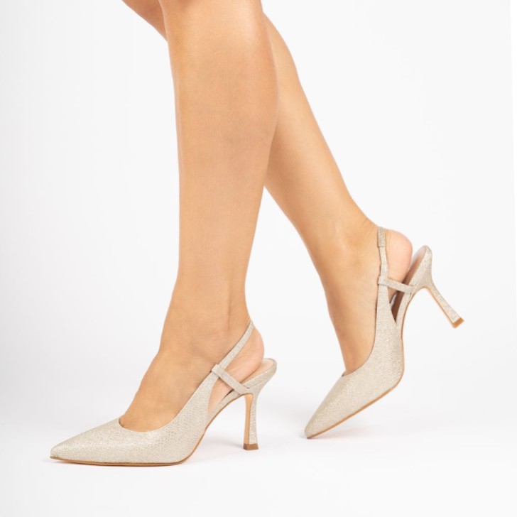 Paradox London Carli Champagne Glitter Mid Heel Slingback Court Shoes