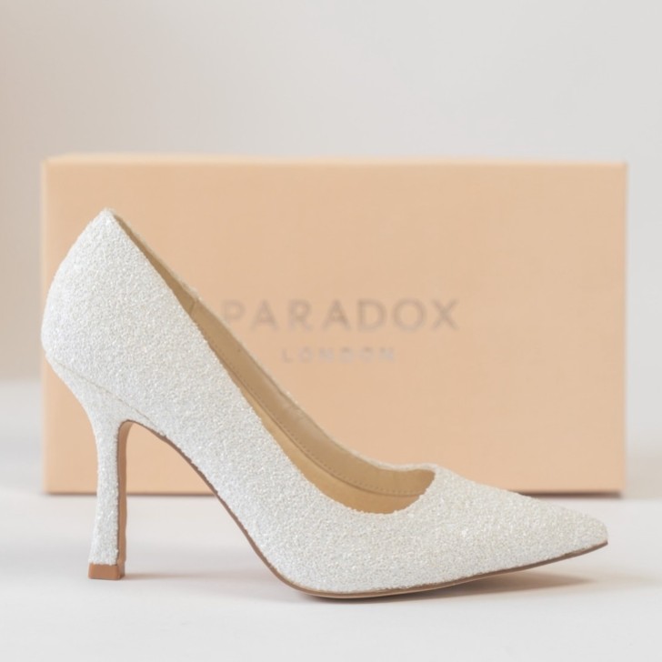Paradox London Cassia White Glitter High Heel Court Shoes