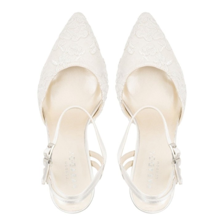 Paradox London Fauna Ivory Satin and Lace Block Heel Court Shoes