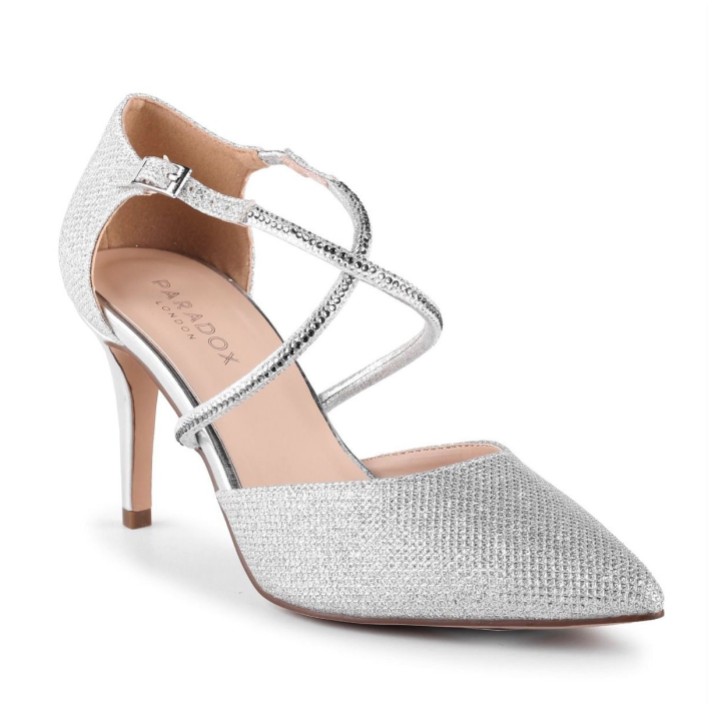 Paradox London Kennedy Silver Glitter Cross Strap Court Shoes