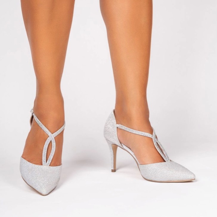 Paradox London Remi Silver Glitter Diamante T-Bar Court Shoes