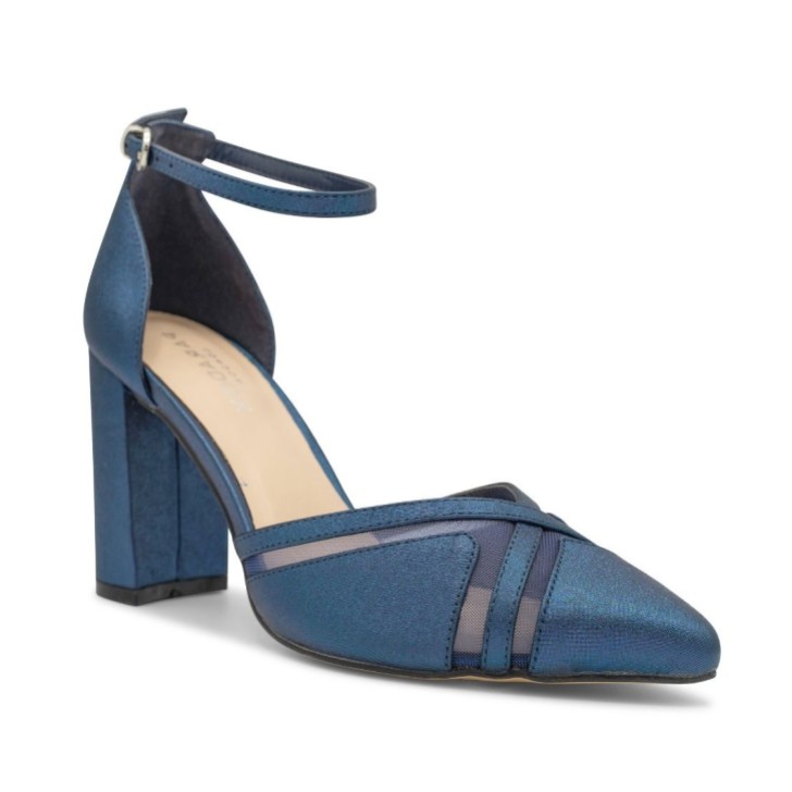 Paradox London Rhea Navy Shimmer Block Heel Ankle Strap Court Shoes