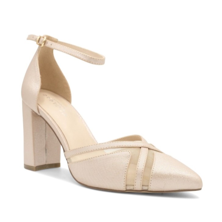 Paradox London Rhea Nude Shimmer Block Heel Ankle Strap Court Shoes