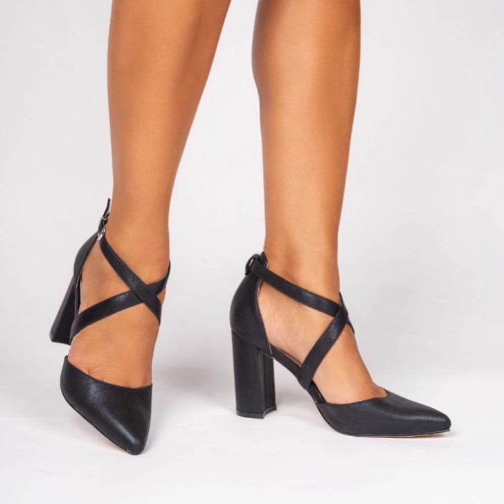 Paradox London Rylee Black Shimmer Cross Strap Block Heel Court Shoes