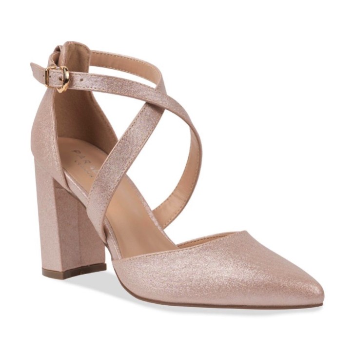 Paradox London Rylee Nude Shimmer Cross Strap Block Heel Court Shoes
