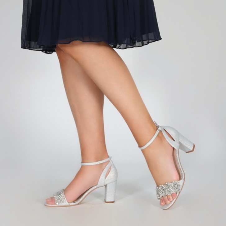 Perfect Bridal Alexa Silver Shimmer Embellished Block Heel Sandals