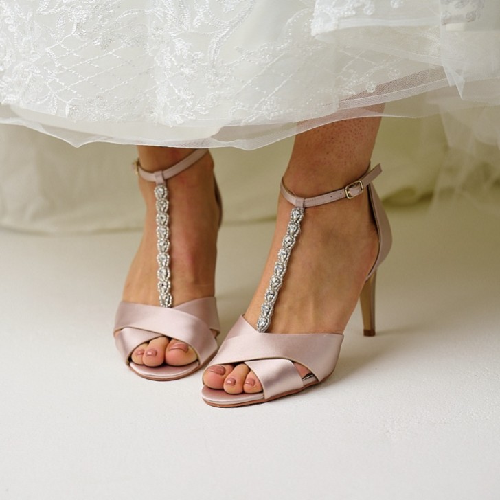 Perfect Bridal Ali Taupe Satin Crystal Embellished T-Bar Sandals