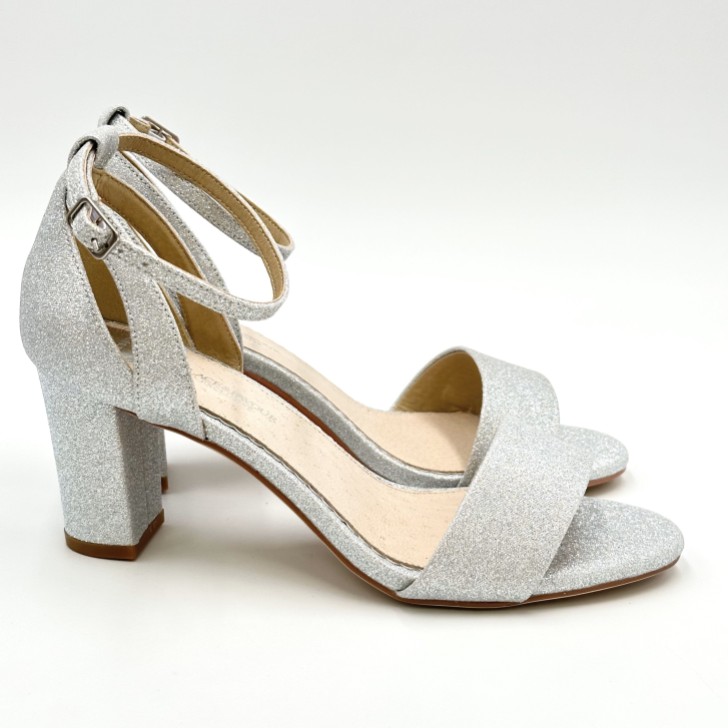 Perfect Bridal Andrea Silver Glitter Block Heel Ankle Strap Sandals