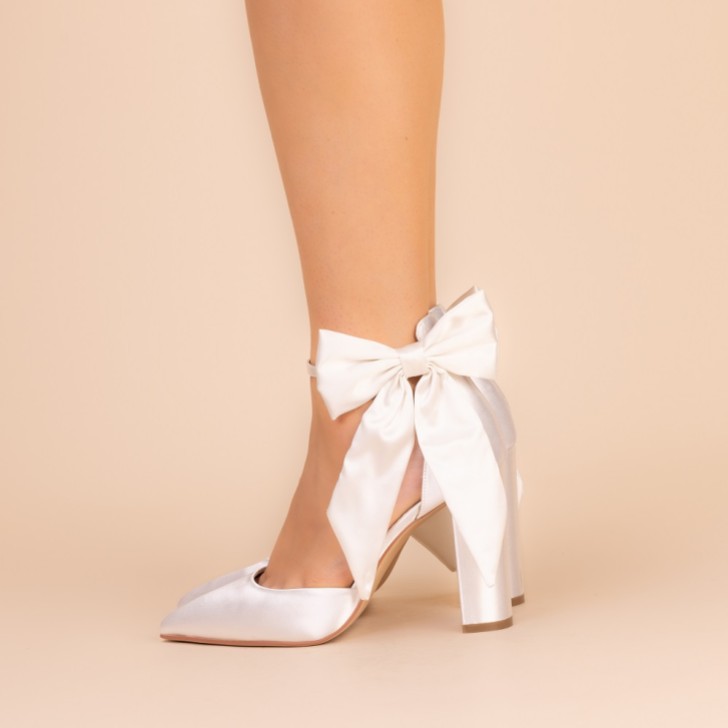 Perfect Bridal Arabella Dyeable Ivory Satin High Block Heels with Oversized Bow