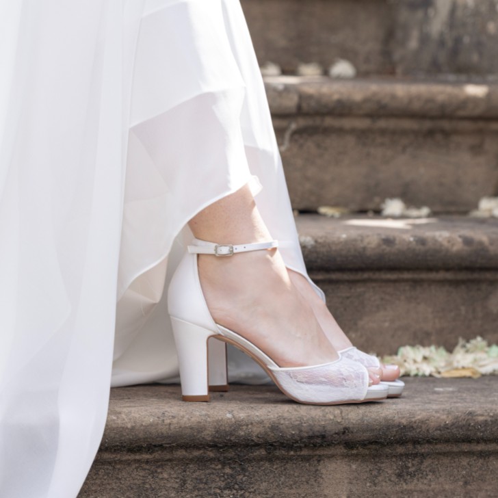 Perfect Bridal Ashleigh Ivory Satin and Lace Block Heel Platform Sandals