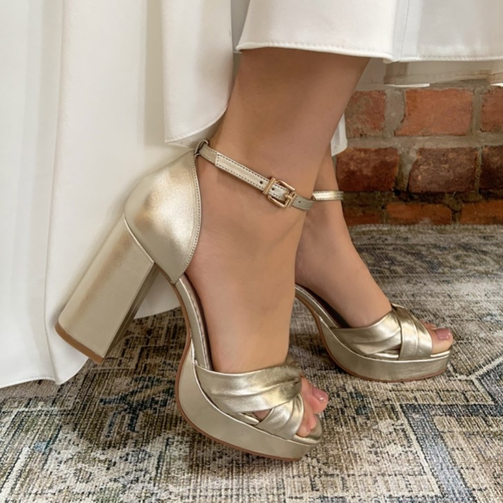 Perfect Bridal Birdie Gold Leather Knotted Block Heel Platform Sandals