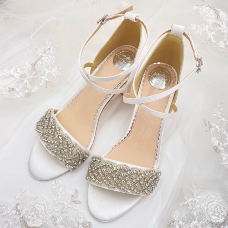 Perfect Bridal Blair Ivory Satin Crystal Embellished Cross Strap Block Heel Sandals
