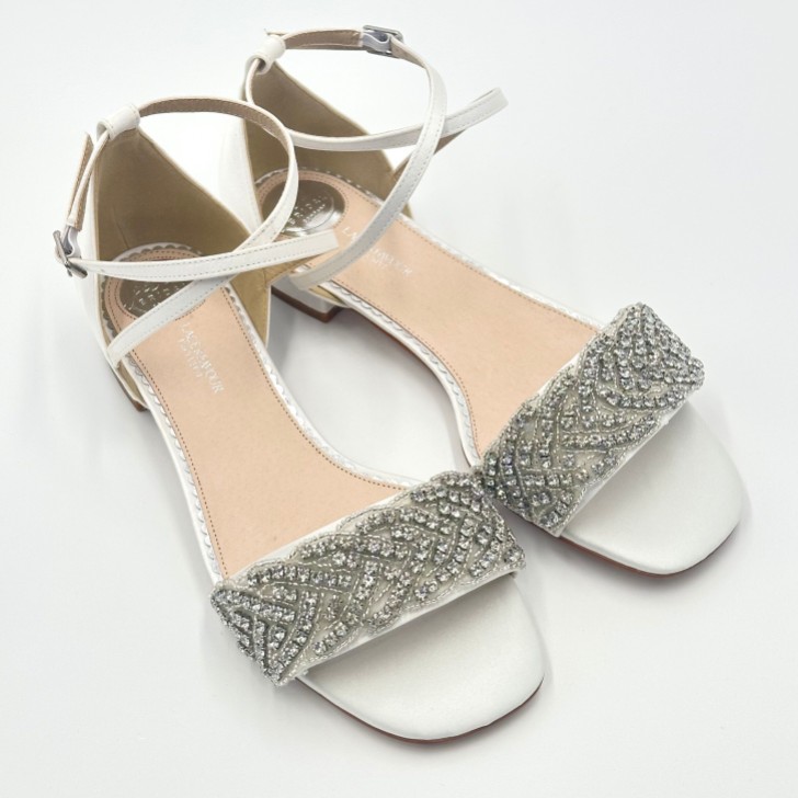 Perfect Bridal Blair Ivory Satin Crystal Embellished Cross Strap Flat Sandals (Wide Fit)