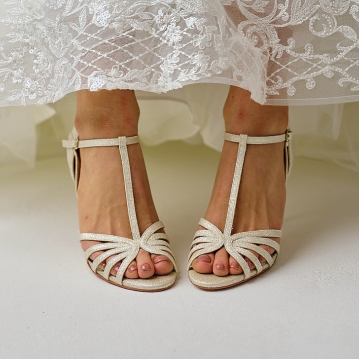 Perfect Bridal Bryony Gold Glitter Strappy T-Bar Sandals