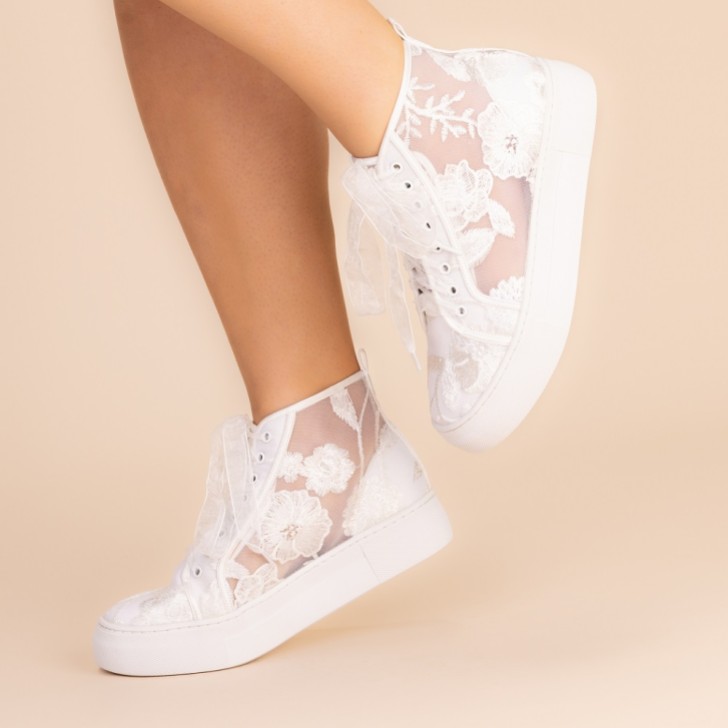 Perfect Bridal Cameron Ivory Floral Lace High Top Platform Trainers