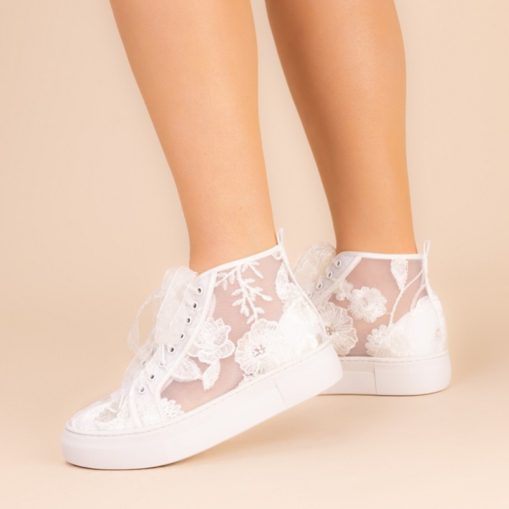 Perfect Bridal Cameron Ivory Floral Lace High Top Platform Trainers