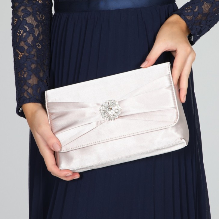 Perfect Bridal Cerise Taupe Satin Clutch Bag with Crystal Trim