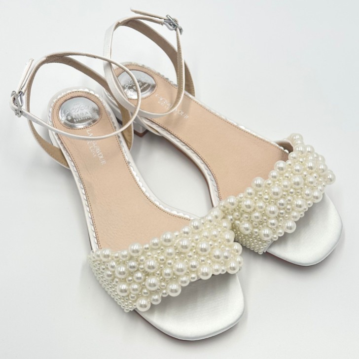 Perfect Bridal Claire Ivory Satin Pearl Flat Sandals (Wide Fit)