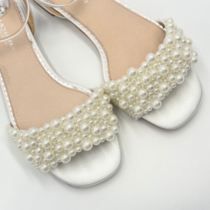 Perfect Bridal Claire Ivory Satin Pearl Flat Sandals (Wide Fit)