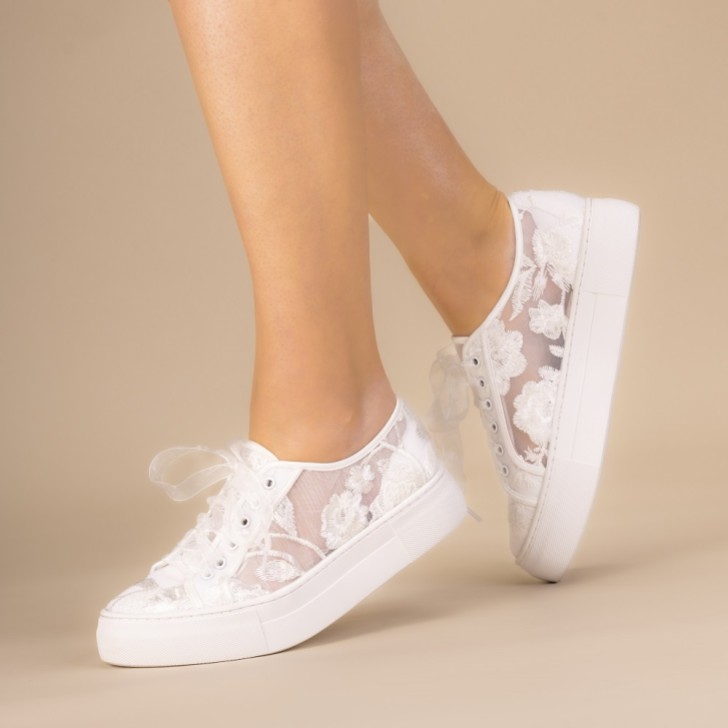 Perfect Bridal Codie Ivory Floral Lace Platform Sneakers