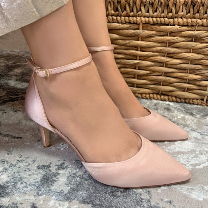Perfect Bridal Daniella Blush Satin Mid Heel Ankle Strap Court Shoes