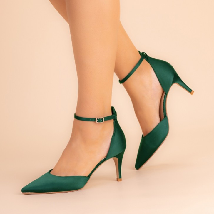 Perfect Bridal Daniella Green Satin Mid Heel Ankle Strap Court Shoes