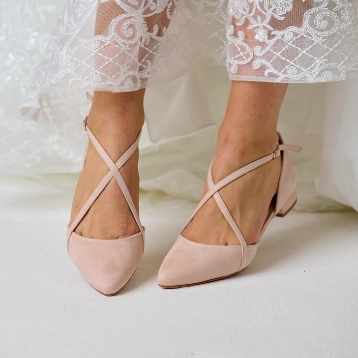 Perfect Bridal Davina Blush Suede Cross Strap Pointed Ballet Flats