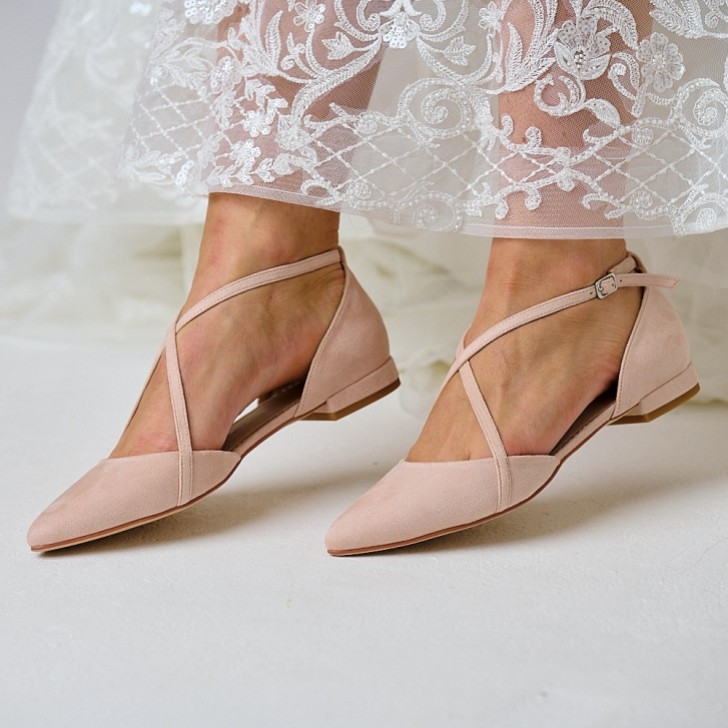 Perfect Bridal Davina Blush Suede Cross Strap Pointed Ballet Flats