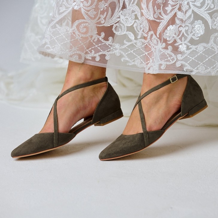 Perfect Bridal Davina Olive Green Suede Cross Strap Pointed Ballet Flats