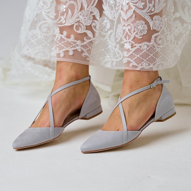 Perfect Bridal Davina Stone Suede Cross Strap Pointed Ballet Flats