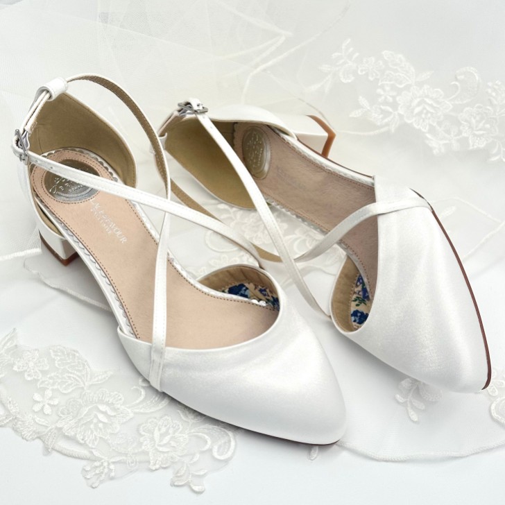 Perfect Bridal Deena Dyeable Ivory Satin Cross Strap Block Heels (Wide Fit)