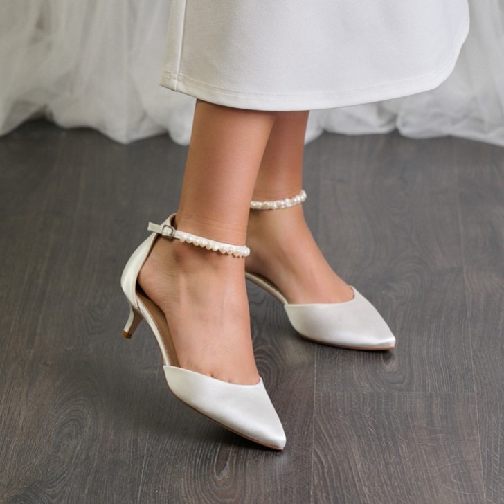 Perfect Bridal Eliza Dyeable Ivory Satin Keshi Pearl Ankle Strap Kitten Heels