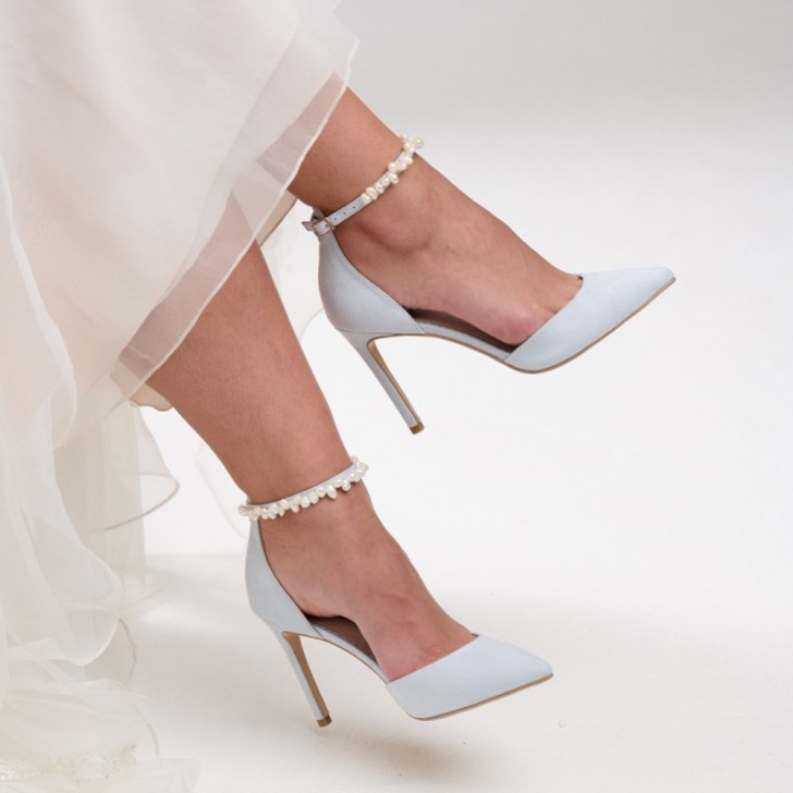 Perfect Bridal Ella Blue Suede Keshi Pearl Ankle Strap Court Shoes