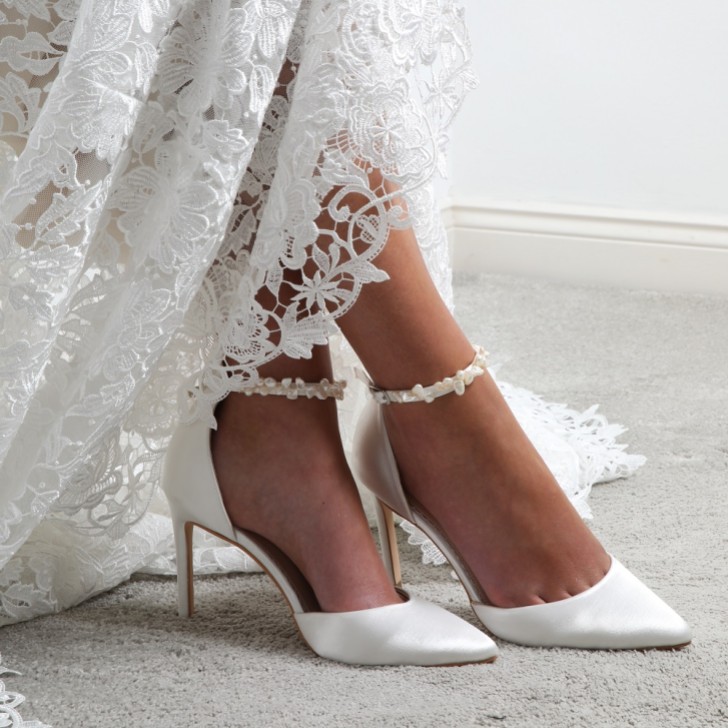 Perfect Bridal Ella Dyeable Ivory Satin Keshi Pearl Ankle Strap Court Shoes