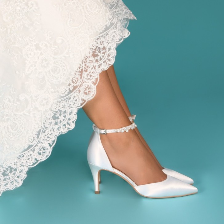 Perfect Bridal Ella Mid Dyeable Ivory Satin Keshi Pearl Ankle Strap Court Shoes