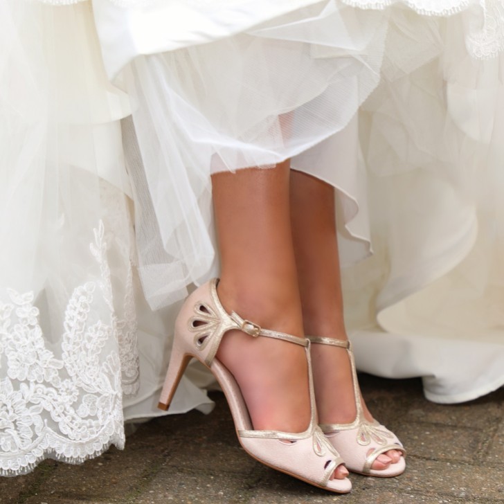 Perfect Bridal Esme Blush Suede and Gold Shimmer T-Bar Shoes