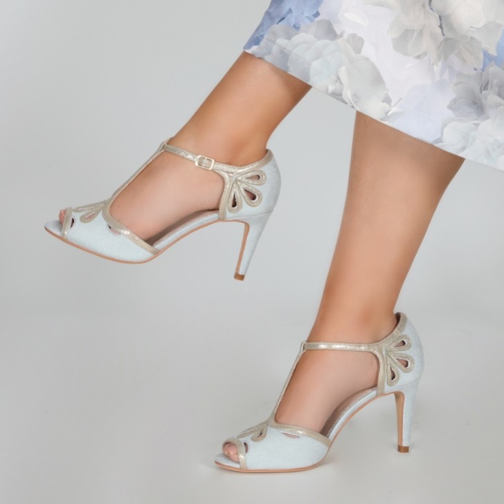 Perfect Bridal Esme Pearl Gray Suede and Gold Shimmer T-Bar Shoes
