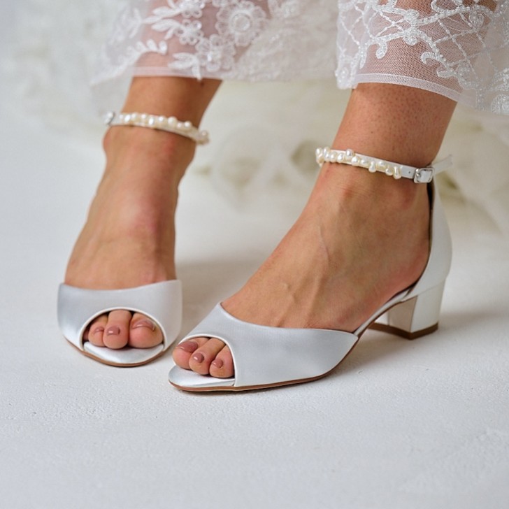 Perfect Bridal Fiona Dyeable Ivory Satin Block Heel Keshi Pearl Ankle Strap Sandals