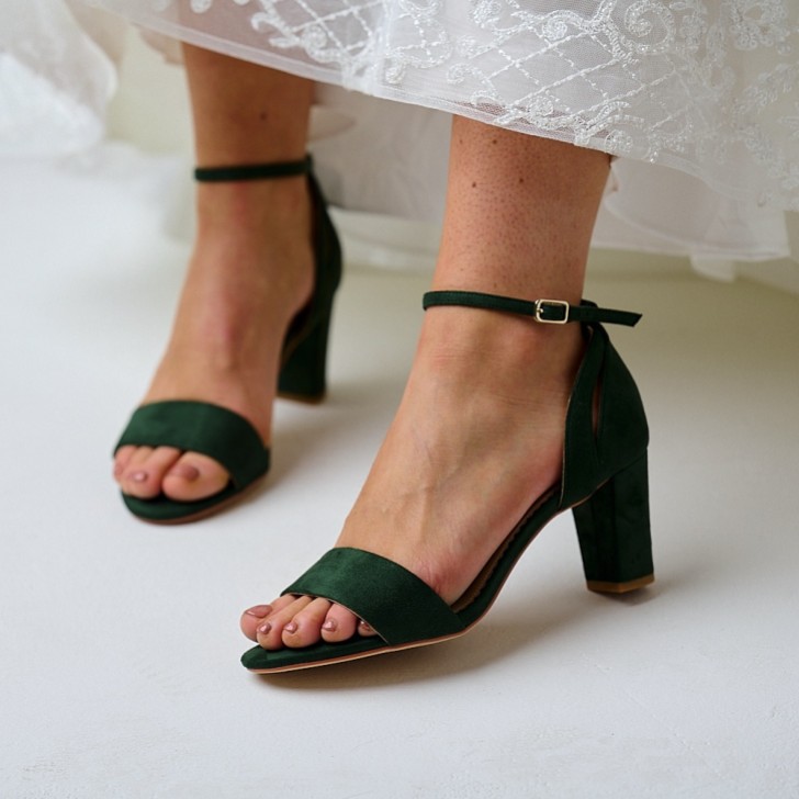 Perfect Bridal Andrea Forest Green Suede Block Heel Ankle Strap Sandals