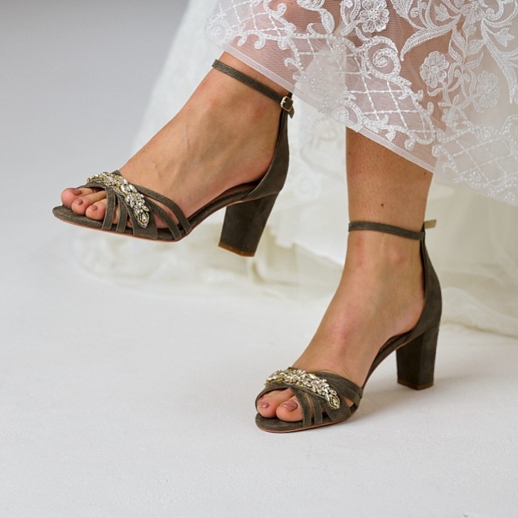 Perfect Bridal Frankie Olive Green Suede Crystal Strappy Block Heel Sandals