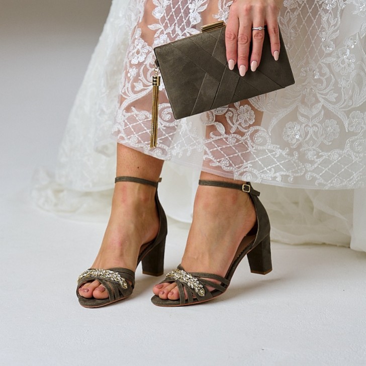Perfect Bridal Frankie Olive Green Suede Crystal Strappy Block Heel Sandals