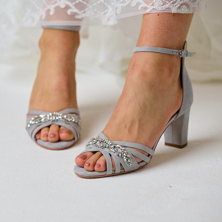 Perfect Bridal Frankie Stone Suede Crystal Strappy Block Heel Sandals