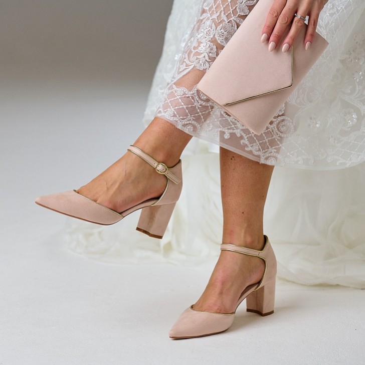 Perfect Bridal Freya Blush Suede Two Part Block Heel Court Shoes