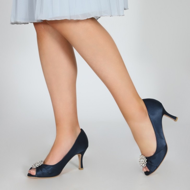 Perfect Bridal Gina Navy Satin Peep Toe Shoes with Crystal Trim